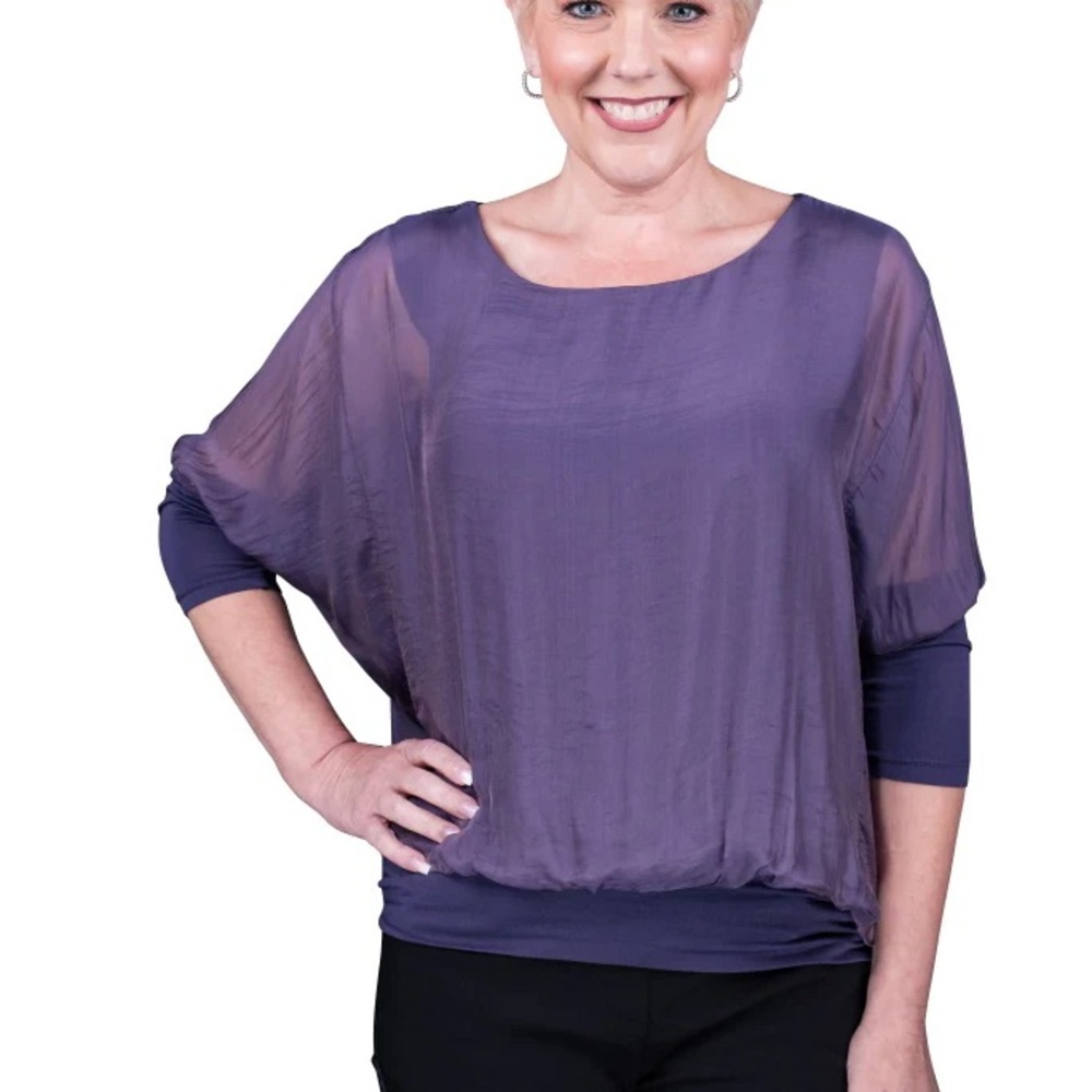 Tina Stephen’s MADE IN ITALY Elegant Women's Sheer silk Blouse in Purple